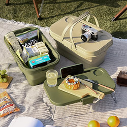 Outdoor Picnic Basket with Lid, Table Board, Camping and Cooking Multi-Functional Portable Basket, Car-Mounted Plastic Storage Basket, Folding Box