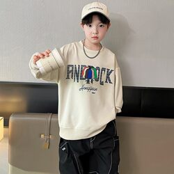 2024 Autumn Children's Fashion Letter Print Loose Casual Sweatshirt Boys' Stylish and Handsome Striped Long Sleeve Top