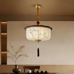 Song Dynasty Aesthetic Wooden Chandelier, New Chinese Style Foyer and Study Fabric Lampshade, Dual-Use Suction and Hanging Type, Chinese Retro Lighting Fixture