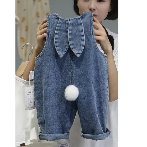 
0-8 years old children's denim overalls spring and autumn bunny ears boys and girls cute casual pants trousers category A