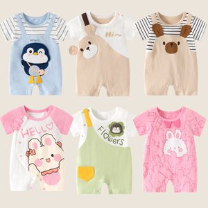 
0-2 years old Liuliuguo cross-border baby jumpsuit summer short-sleeved pure cotton baby robe infant cartoon crawling suit