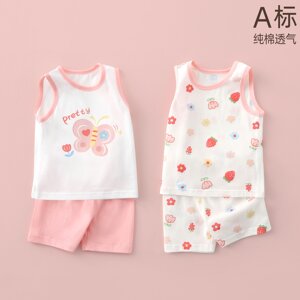 
0-7 years old male and female baby vest shorts suit summer thin children's home two-piece pure cotton baby split