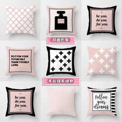 ins Black Sofa Cushion with Geometric English Pattern, Light Pink Style Apartment Cushion, Homestay Cushion Cover, Backrest