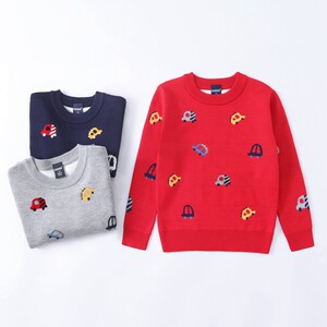 
Boys sweater pullover 2023 autumn and winter new Korean version double-layer warm car round neck pure cotton baby knitted sweater