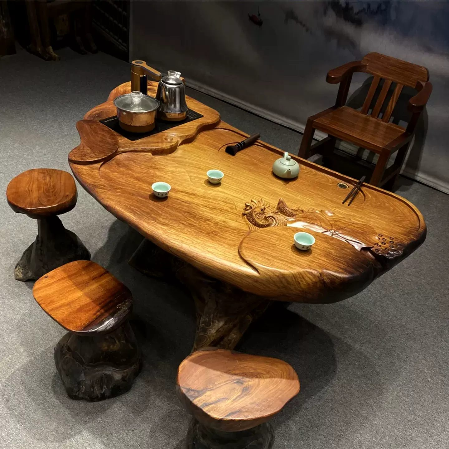 花梨木根雕茶台整体树根茶几原木树桩茶桌阳台家用泡