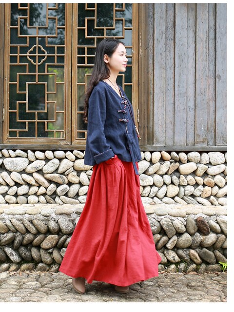 Spring and Autumn Solid Color Large Pocket Skirt Literary Retro Cotton and Line Long Skirt Half Body A-line Skirt Red Big Swing Umbrella Skirt
