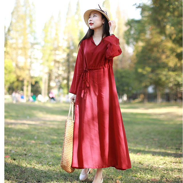 Original design red long-sleeved dress spring and autumn new drawstring ...