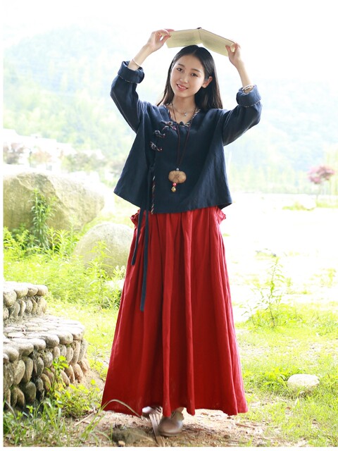Spring and Autumn Solid Color Large Pocket Skirt Literary Retro Cotton and Line Long Skirt Half Body A-line Skirt Red Big Swing Umbrella Skirt