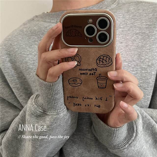 ANNACASE Korean brown line bread coffee large window suitable for iphone17promax apple 15pro mobile phone case 14 new 16 all-inclusive 16 Promax anti-fall protective cover soft