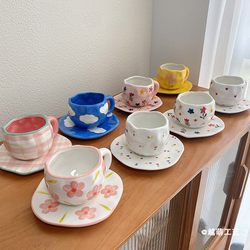 Hand-Painted Ceramic Coffee Cup and Saucer Set for Afternoon Tea, Gift Set, Irregular Breakfast Milk Cup