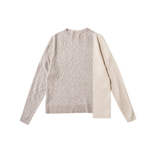 
LOEN original design autumn and winter versatile white loose temperament Japanese round neck pullover color block camel hair sweater for women