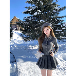 
Chi umbrella mar plaid lapel knitted cardigan versatile top spliced ​​plaid wool pleated skirt women