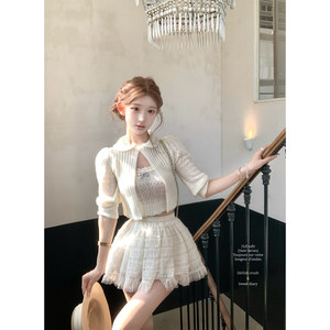 
Chi umbrella 25/ss Yuyin Jiayan Peter Pan collar cardigan suspender mohair hollow knitted two-piece set