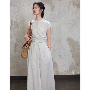 Eryang Design [Jiusheng] Commuter Intellectual Style White Striped Dress Women's Short Sleeve Shirt Dress Long Skirt