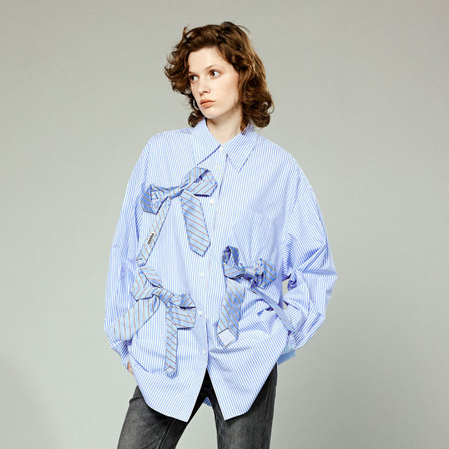 UOOYAA/Wuya tie bow striped shirt
