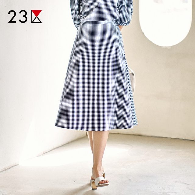 Area 23 Japanese spring and summer commuting loose version cotton blended fine lattice over-knee skirt A-line flared skirt shopping mall style