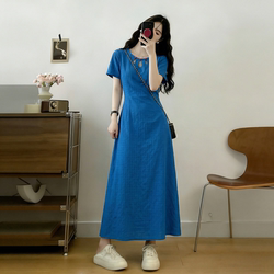 Very Beautiful Blue Hollow-Out Dress for Women, 2026 New Summer Style, Plus Size, Especially Pretty, Waist-Cinching Mini Dress