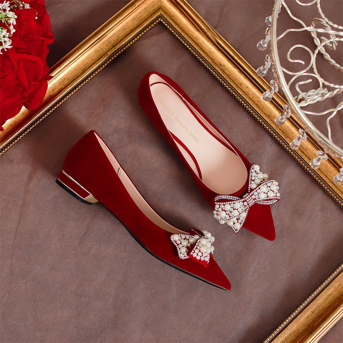 Eleganti Scarpe Rosse Xiuhe Scarpe da Sposa con Tacco Basso