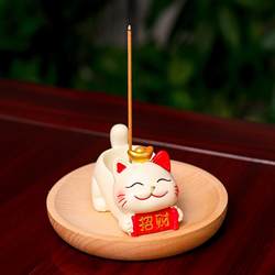 Cute Chinese-Style Lucky Cat Zen Incense Burner Incense Holder Ornament for Home Use Bamboo Tray Incense Tray Desktop Decoration Gift