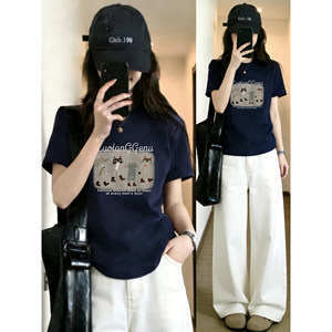 
Right shoulder short-sleeved T-shirt for fat girls plus size women's Korean fashion design kitten print round neck half-sleeved top summer