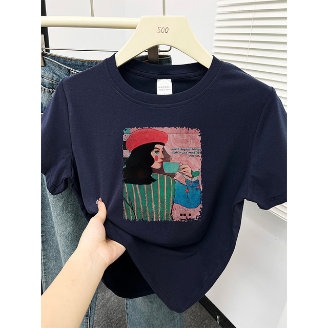 
Retro and fashionable design-like printed front shoulder short-sleeved T-shirt women's navy blue large-size casual and versatile round neck top