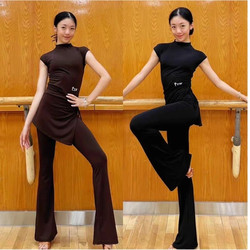 Latin Dance Clothing, Black Coffee Color Short-Sleeved Top, Stretchy Pants, Versatile Teaching and Practice Dance Clothing
