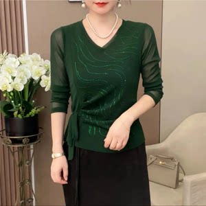 
Spring and summer new stretch mesh long-sleeved temperament versatile slimming lanyard design solid color hot diamond V-neck shirt