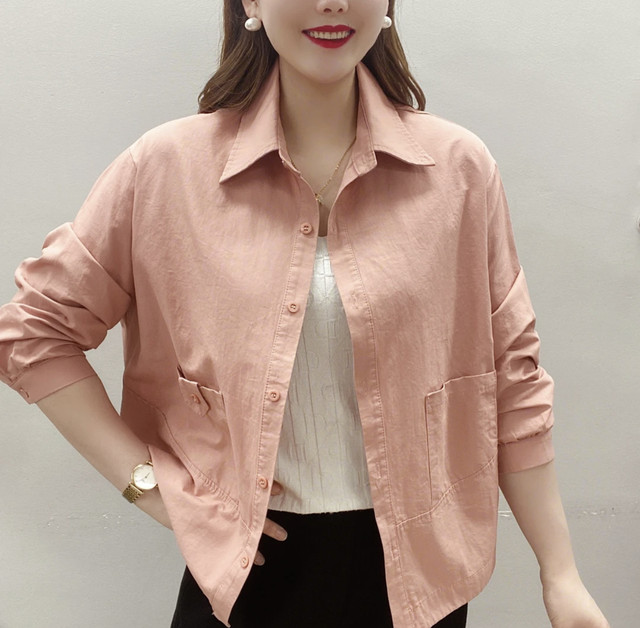 
Spring and Autumn New Style Shirt Jacket Slimming Versatile Solid Color Single Breakfast Loose Solid Color Lapel Top Age Reducing Mother's Wear