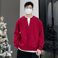 Fake Two-Piece Red Crew Neck Sweatshirt for Men, Autumn and Winter Color-Blocked Fleece-Lined, Zodiac Year of the Horse, Spring Base Layer Trendy Top