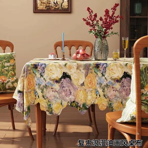 
American retro romantic oil painting style tablecloth linen fabric waterproof coffee table cloth pastoral style jacquard cover cloth dining table