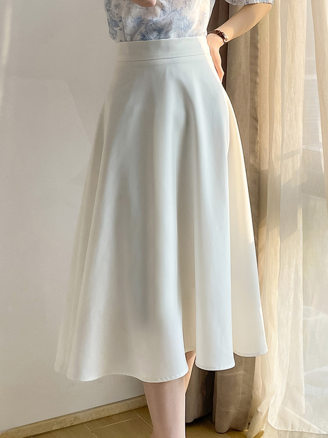 Spring and summer white skirt for women with drooping high waist pear shape A-line slim commuting temperament mid-length umbrella skirt