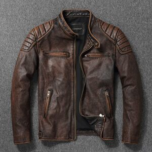 
New retro cowhide pattern jacket, retro distressed leather jacket, men's stand-up collar motorcycle jacket, short slim jacket, trendy jacket