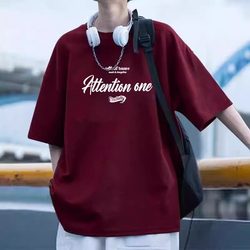Heavyweight Pure Cotton Summer Hong Kong Style Letter Print Burgundy Short-Sleeve T-Shirt for Men, Summer Trendy Brand Versatile Loose Fit ins Top