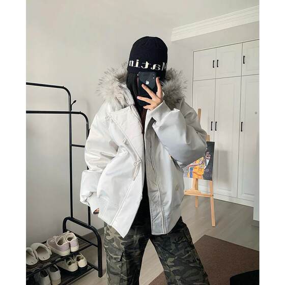 
American retro fur collar parka cotton coat men's winter thickened hooded workwear cotton coat high-end couple cotton jacket