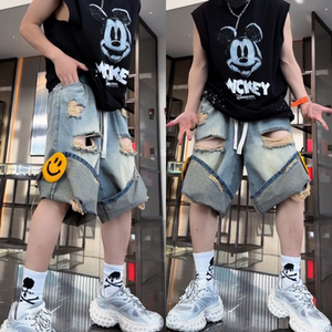
Korean style trendy, personalized and fashionable summer new ripped versatile denim shorts couples same high-quality crop pants