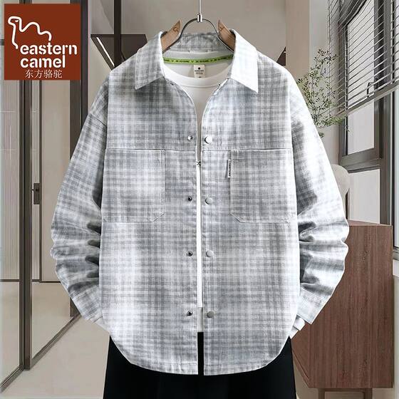 
Oriental camel plaid shirt men's spring trendy casual long-sleeved lapel loose casual cotton jacket top clothes
