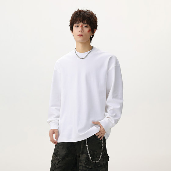 
JIINOO 305g high-density combed cotton basic round neck heavyweight long-sleeved t-shirt for men and women simple solid color bottoming shirt