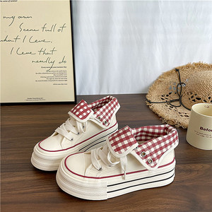 
Yijun 2026 spring and summer popular new two-wear plaid canvas shoes women's high-top thick-soled versatile retro sneakers