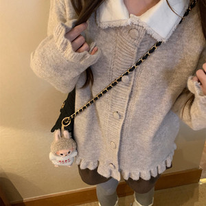 
TheDouerr Sweet Oatmeal Lace Hem Knitted Sweater Cardigan Sweater