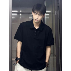 Pure Black Short-Sleeve Polo Shirt for Men, Summer High-End Style, Cool and Stylish Turn-Down Collar T-Shirt, American-Style Heavy-Duty Regular Shoulder Five-Quarter Sleeve