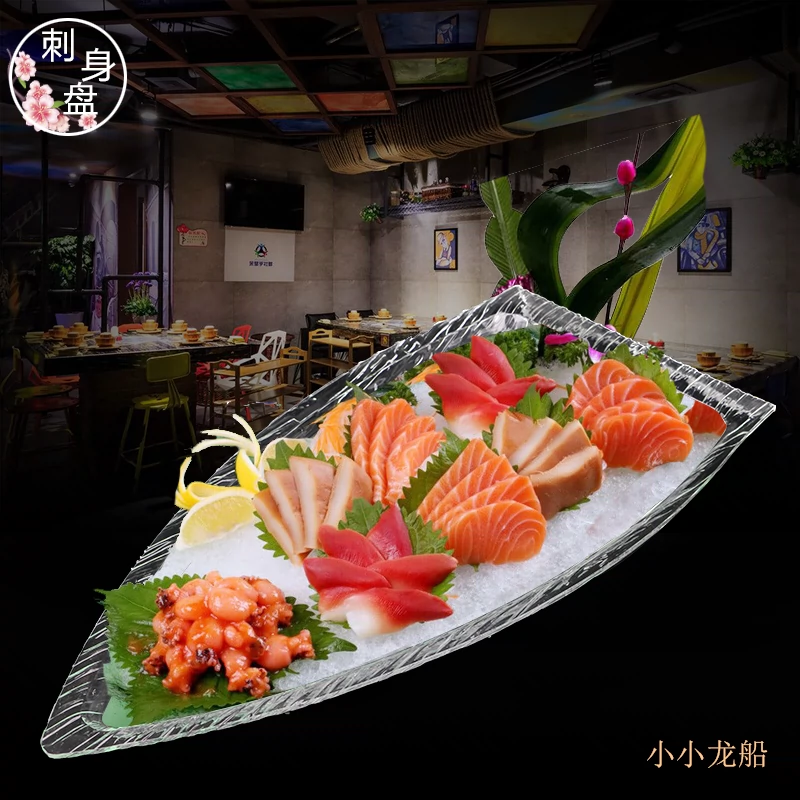 Sáng Tạo Acrylic Thuyền Rồng Cá Hồi Sashimi Hải Sản Hình Thuyền Khay Đá Khách Sạn Phong Cách Bộ Đồ Ăn Đĩa Sushi Hộp Đựng dĩa nhựa