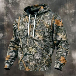 Men's Spring and Autumn Thin Fleece Outdoor Camouflage Sweatshirt Pullover Camouflage Hunting Fishing Casual Hooded Jacket