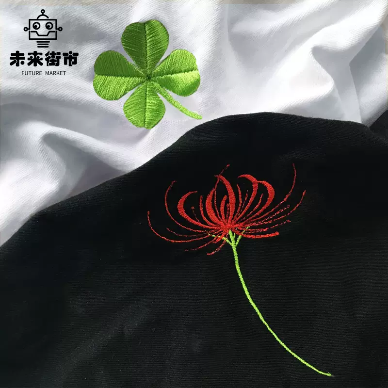 彼岸花t恤曼珠沙华图案短袖刺绣四叶草体恤古风曼