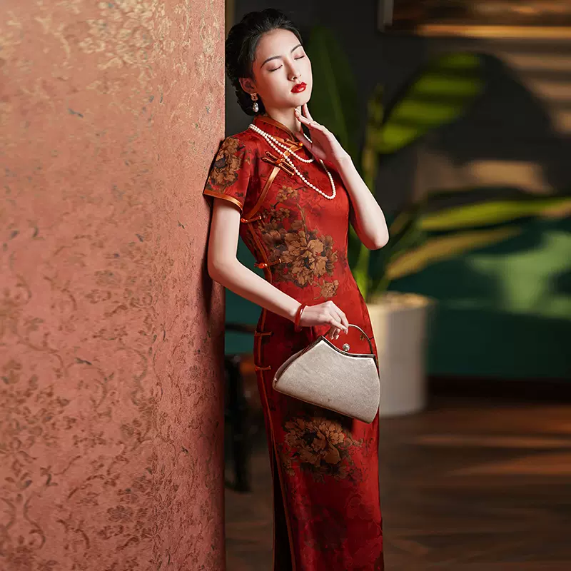 老上海长款香云纱旗袍2024年春季新款中国风复古短袖显瘦气质优雅-Taobao