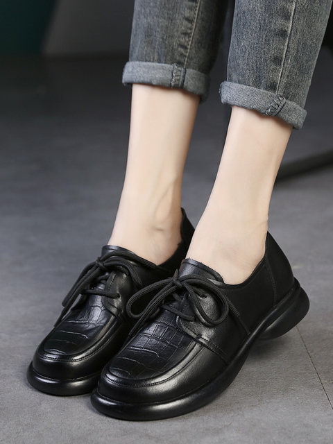 2025 new fashion trend women's leather shoes flat large size women's shoes 41-43 top layer cowhide retro single shoes