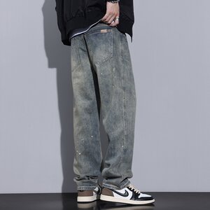 
Kuvine spring and summer American high street retro splash jeans men's spring and autumn loose straight wide-leg trousers