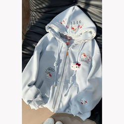 American-Style Pure Cotton Cartoon Embroidered Hooded Sweatshirt for Women, Loose Design, Niche Style, Fleece-Lined, Thickened Cardigan with Zipper