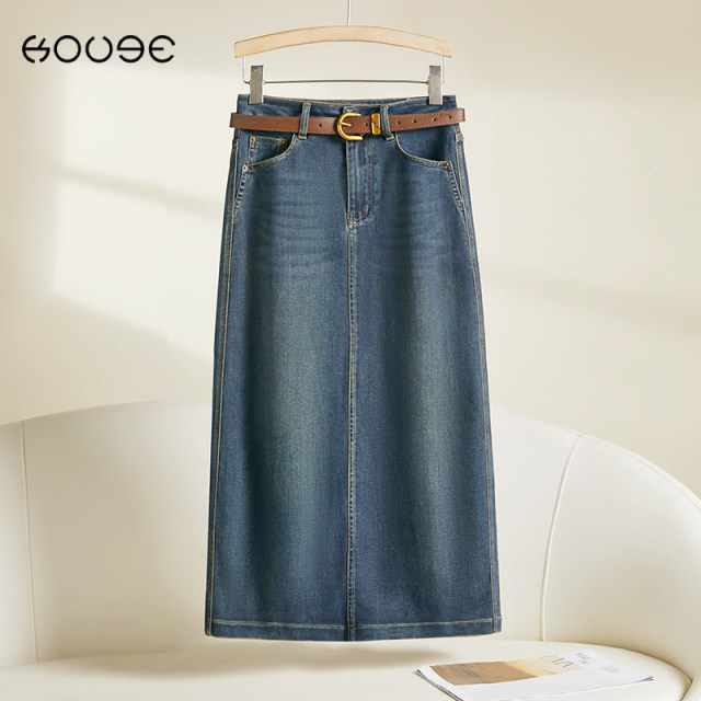 Commuter straight denim skirt for women in spring and autumn 2025 new high-waist loose mid-length draped A-line skirt