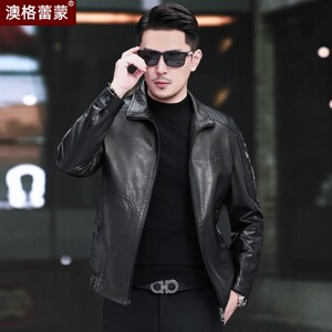 秋冬新款真皮皮衣男士头层牛皮油蜡海宁短款翻领机车真皮夹克潮流