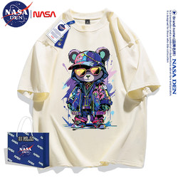 Nasa Co-Branded Summer American-Style Heavyweight Pure Cotton Short-Sleeve T-Shirt for Men and Women, Trendy Printed Loose-Fitting Couple's Five-Quarter Sleeve Shirt